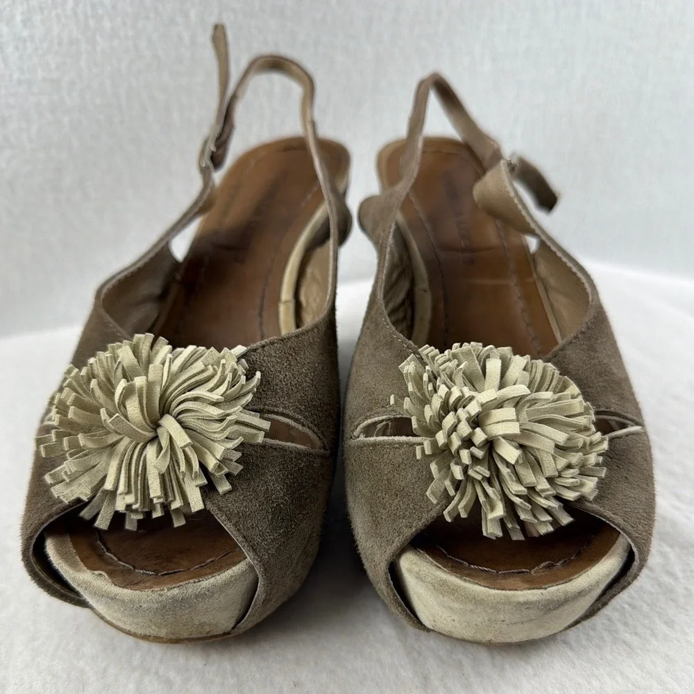 Rossella Lopes Italy Sz 11 Suede Wedge Sandals Slingback Peep Toe Pom Pom Brown